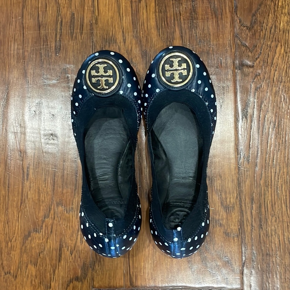 Tory Burch Ballet Flats, Navy Polkadot, Size 5
